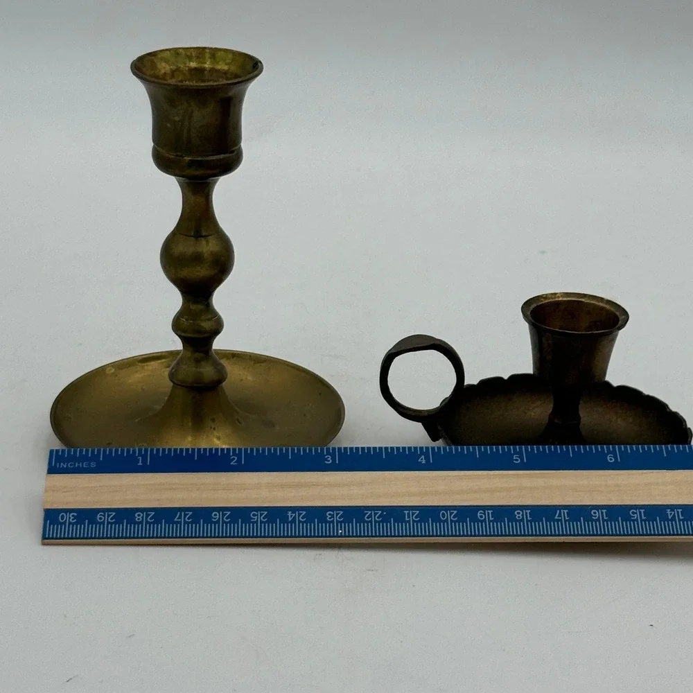 Vintage Brass Candlestick Holder Set Spindle Taper and Scalloped Chamberstick
